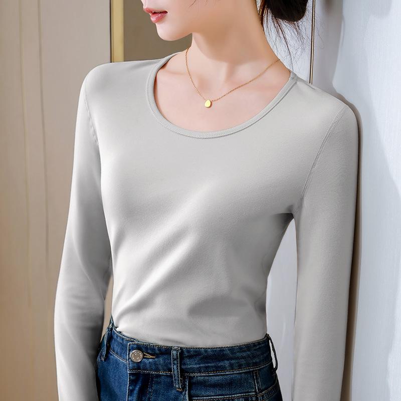 

Женская футболка с круглым вырезом и двусторонней ворсистой поверхностью, новинка женской одежды 2025 года, однотонная теплая внутренняя футболка с длинным рукавом, универсальный топ 3XL