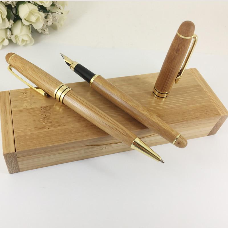 Bamboo Ball Pen and Fountain Pen with Square Bamboo Gift Box Eco-friendly Hand-made Bamboo Craft Writing Stationery Sets