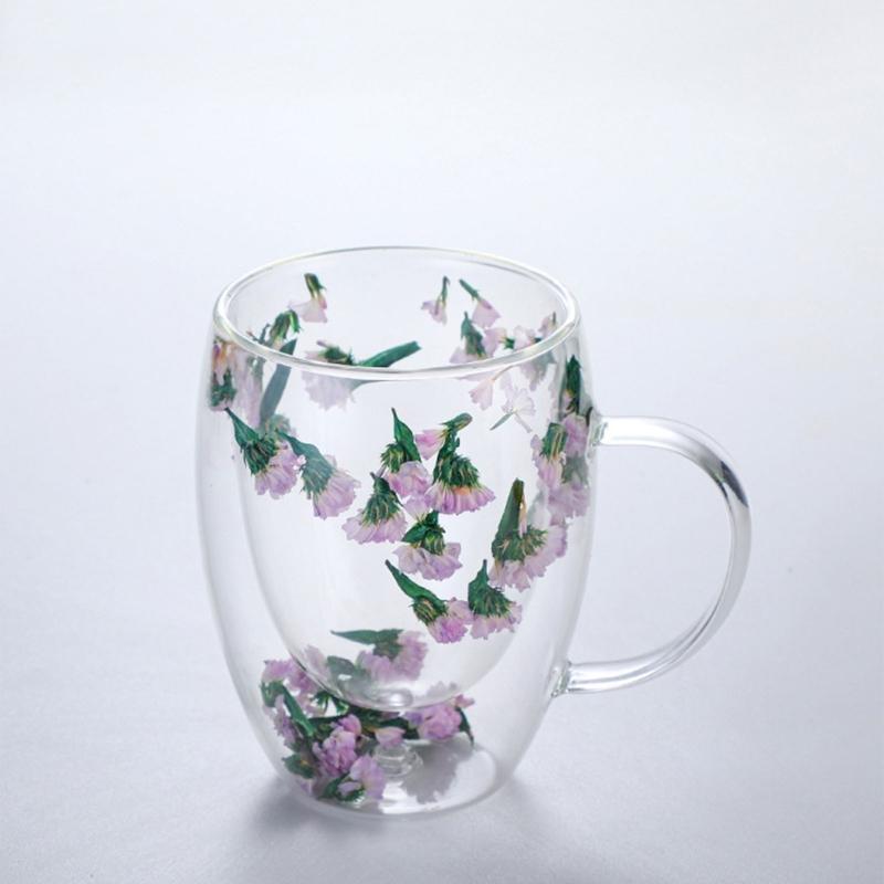 Double-layer Glass Mugs with Dry Flower and Handle for Coffee, Cocktails Elegant Glasses Cup for Entertaining Guest