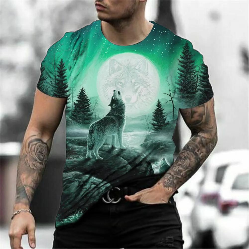 2026 Wolf Pattern Animal Print Short Sleeve Top 3D Casual Streetwear Men's T-Shirt Loose Vintage Style