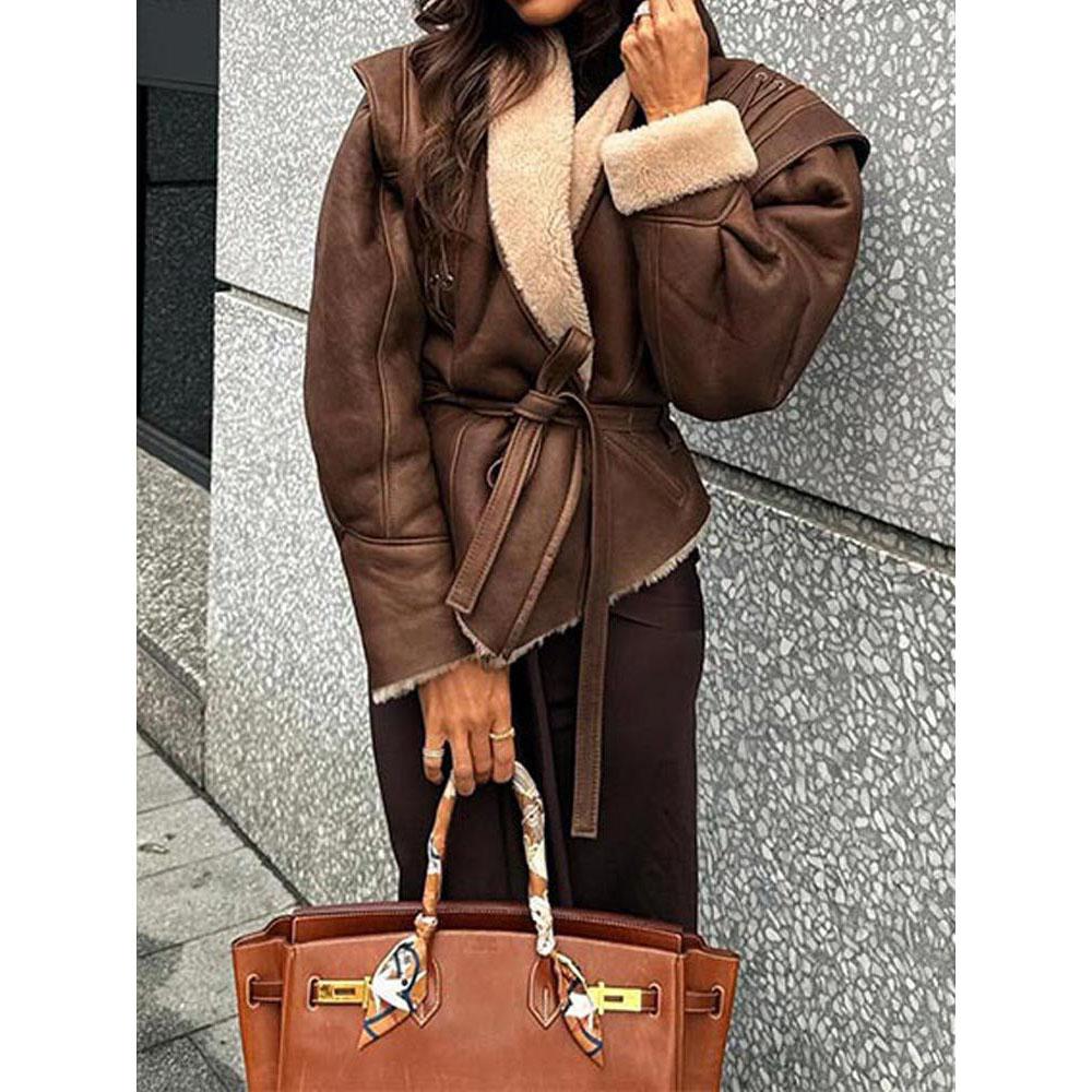 Elegant Pu Patchwork Jacket with Belt Women Fashion Long Sleeves Drawstring Tie Coat Female Thick Street Outwear