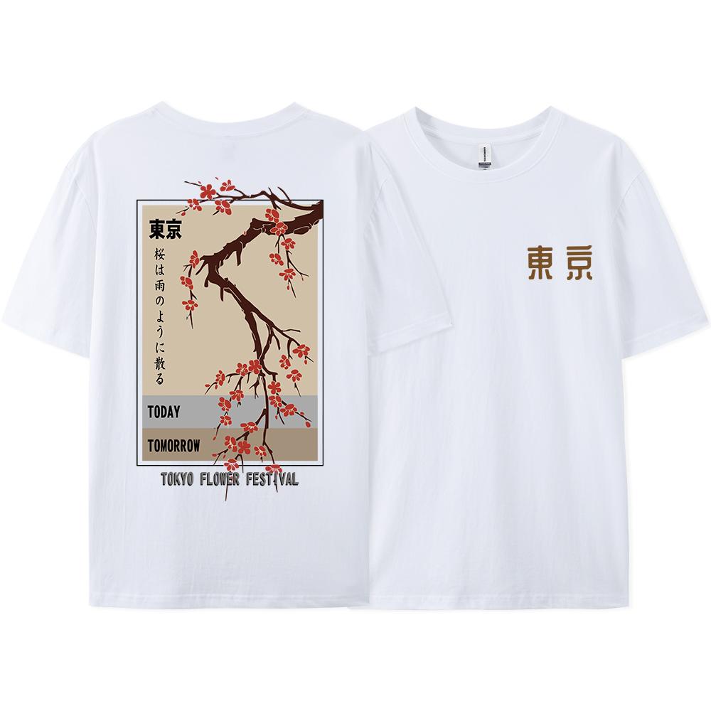 Summer Tokyo Letter Floral Print Men's Round Neck T-shirt Unisex Versatile 100% Pure Cotton Street Hip-hop Short Sleeved Shirt
