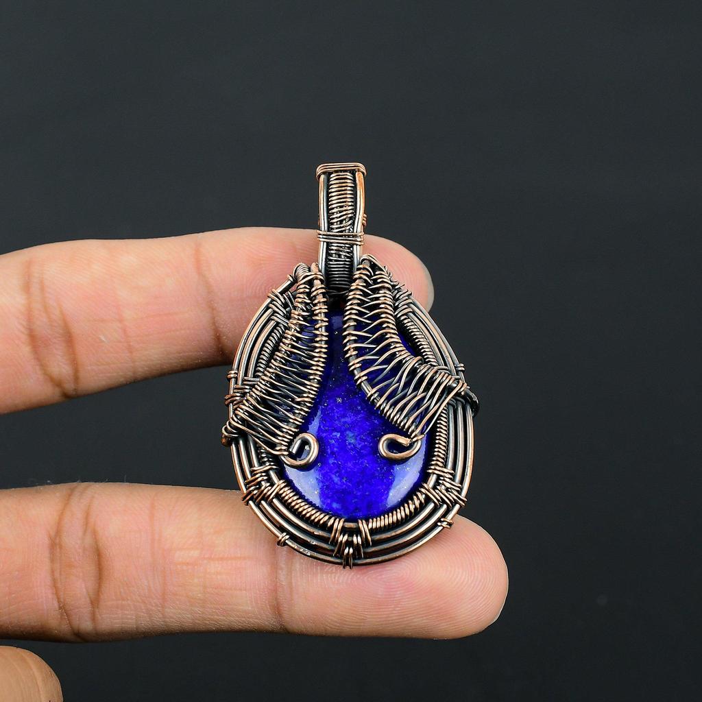 Joyful Lapis Lazuli Gemstone Pure Copper Wire Wrapped Handmade Pendant Jewelry