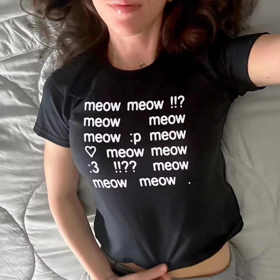 Meow Meow Funny Cat Shirt Womens Baby Tee Cute Slogan Graphic Top Black S-L XL
