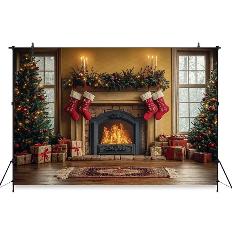 Mocsicka Christmas Photography Background Xmas Tree Fireplace Yellow Wall Decoration Family New Year Party Photo Backdrop Banner