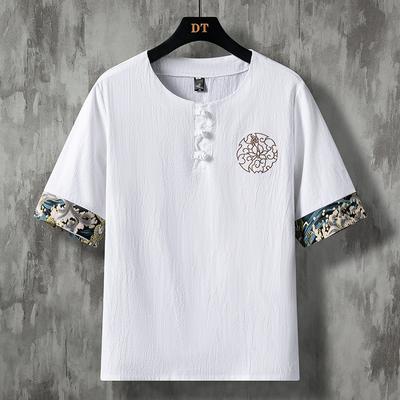 Cotton Linen Short Sleeved Men's Tang Half Sleeved Buckle Men's T Shirt Hanfu
