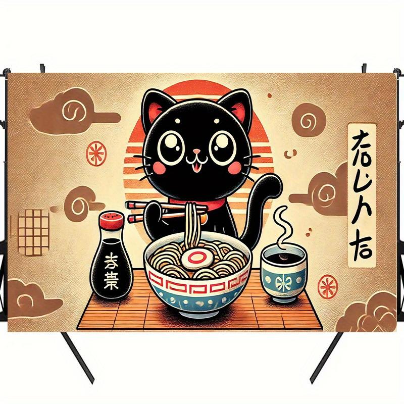 2D Plane Background Fabric of a Cute Cat Eating Ramen Multi-purpose Indoor/outdoor Celebration Polyester Fiber