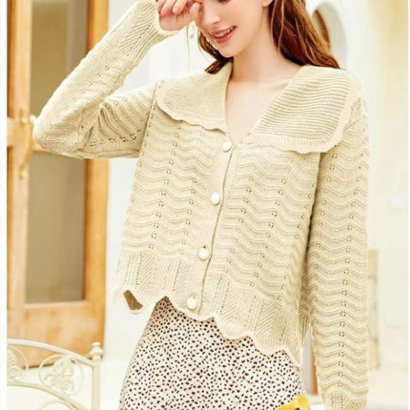 

Вязаный кардиган с кукольным воротником, женская весенняя одежда, новый ажурный тонкий свитер-жакет, тонкий топ one size fits all бежевый