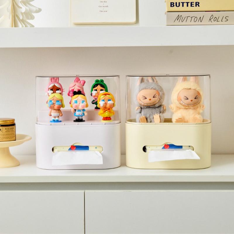 Novelty Tissue Box Organizer with Figurine Display Acrylic Transparent Storage Box for Labubu Tissue Dispenser for Desk Decor