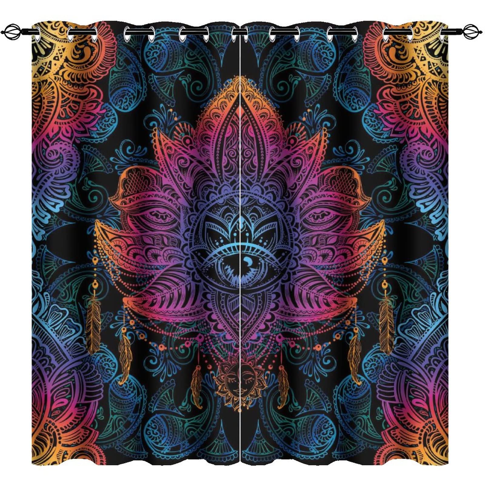 

Затемняющие шторы в индийском стиле с мандалой для спальни, богемный дизайн, теплоизоляционные шторы с высокой степенью затемнения, 2 шт. W55 X H120cm X 2&Grommet Top