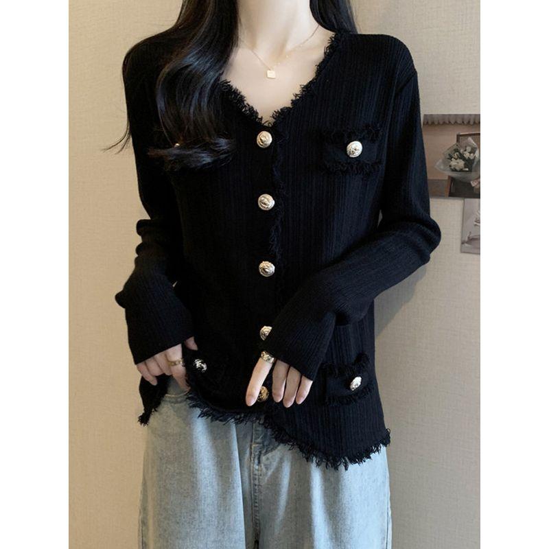 

Plus size Belly Covering Graceful Tassel Sweater Bottoming Shirt Women Spring and Autumn Fat Sister Western Style Versatile Slimming Knit Black 3XL [Recommended 80-90kg]