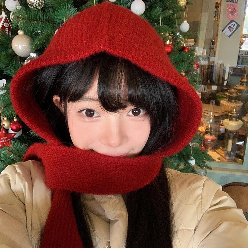 Korean Knitted Beanies Cap for Women Winter Warm Lady Cute Balaclava Cap Y2K Solid Color Strap Hooded Hats Christmas Bonnet