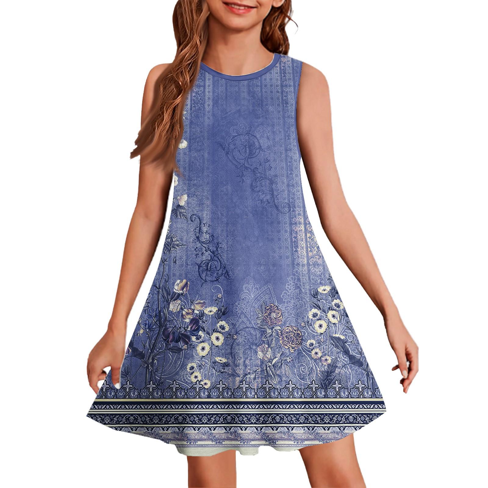 

Girl Summer Dress Sleeveless Printed Color Casual Dress 150 синий