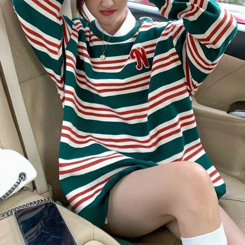 

Винтажные полосатые свитшоты контрастных цветов, осенние новинки, с круглым вырезом, свободные, повседневные, с длинными рукавами и капюшоном S зелёный