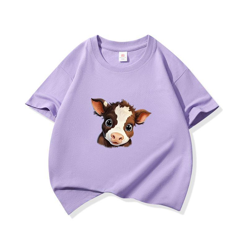 Kids Pure Cotton T Shirt Adorable Brown Baby Cow Print Crew Neck Short Sleeve Tee Casual Boys Girls Summer Tops