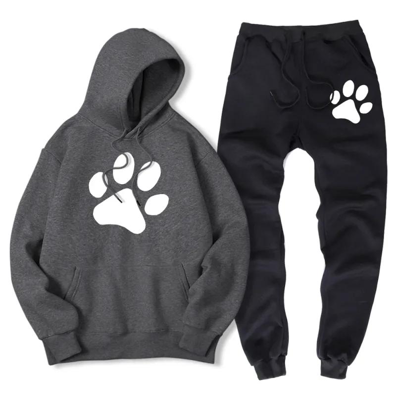 

Мужской спортивный костюм, толстовка с принтом собачьей лапы и спортивные штаны, осенне-зимние теплые флисовые комплекты из 2 предметов, спортивная одежда, мужской костюм XXXL