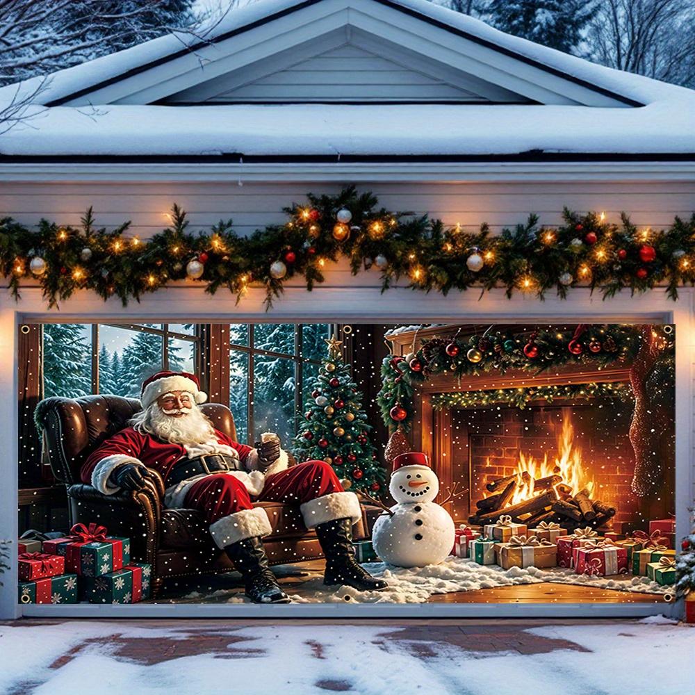 2D flat 1pc super large Christmas garage door banner - Santa Claus and fireplace scene with gifts, durable polyester fabric