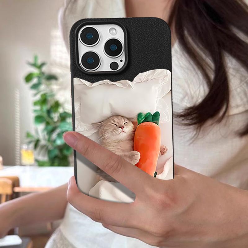 Sleeping Cat Carrot Pattern Case For iPhone 17 Pro Max Funda iPhone 16 Pro Max 15 14 13 12 11 Air 16E Leather Texture Silicone Cover