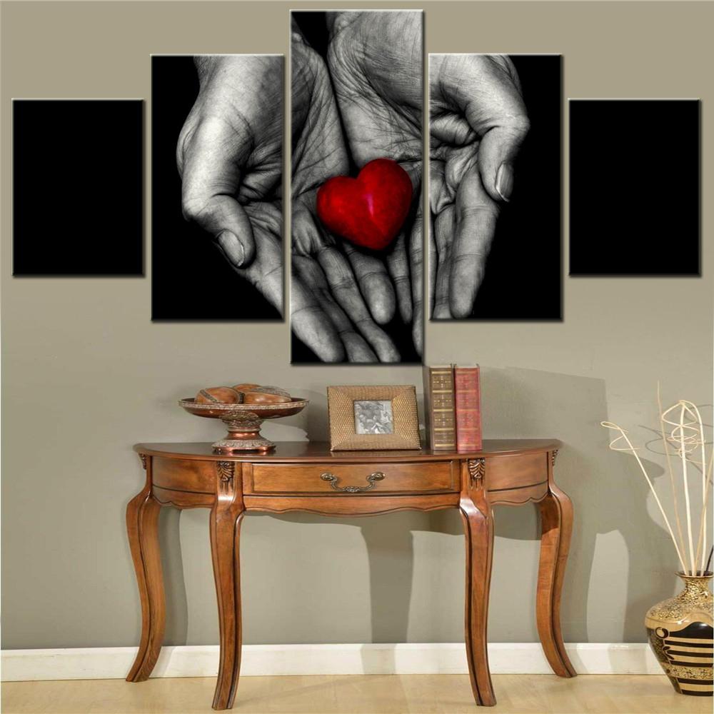 5 Pieces Canvas Wall Arts Poster Painting Black Dark Red Heart Holding Hands Wallpaper Home Decor Picture Printing Interior Arts
