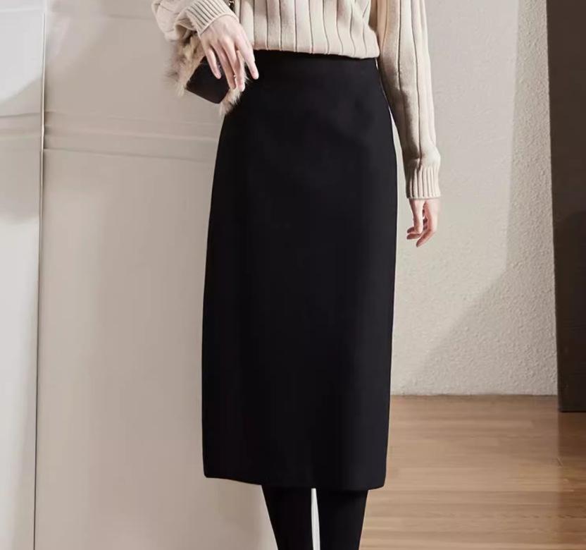 Francouzská Vlněná Midi Sukně pro Mírně Zralé - Šedá, Vysoký Pas s Rozparkem, Podzim/Zima 2024