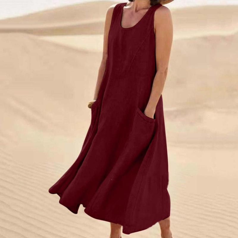 Summer European Style Sleeveless Round Neck Women Clothing Cotton Maxi Dress