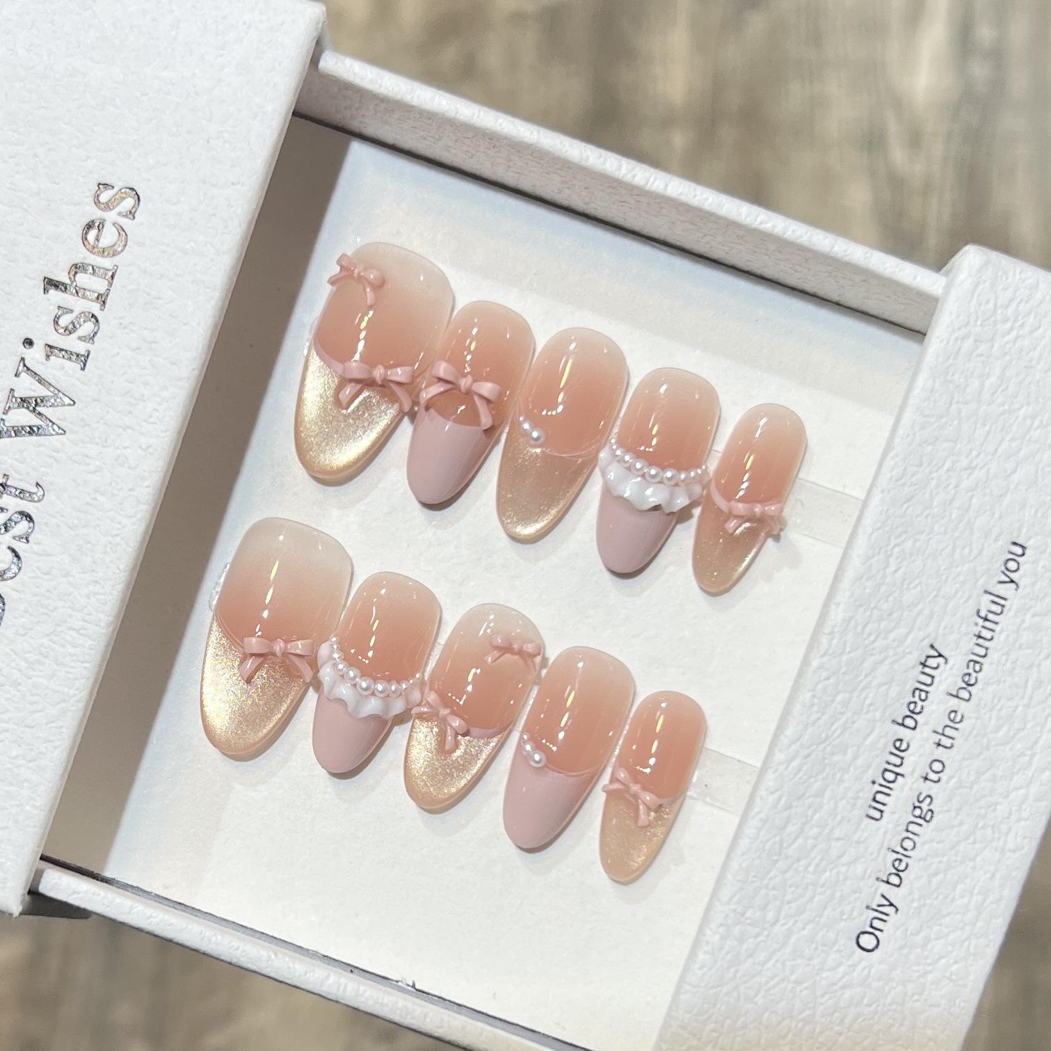 

Handmade Wearable Nails: Spring/Summer Blush Cat Eye French Scallop Edge with Bow Large