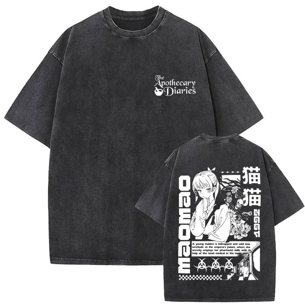 Gewaschenes Vintage Japanischer Anime The Apothecary Diaries Maomao Doppelseitiger Druck T-Shirt Herren Damen Freizeit Kawaii Lustige T-Shirts