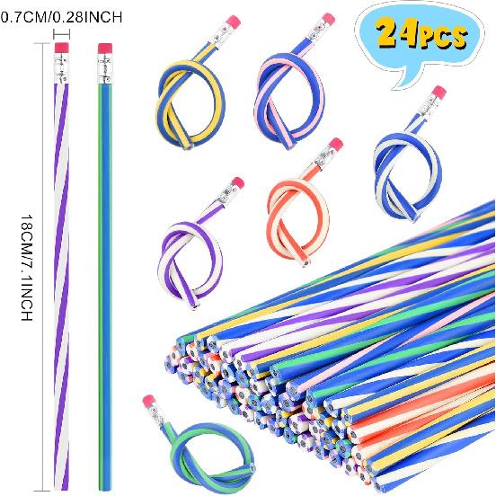 24 Pieces Soft Flexible Bendy Pencils with Erasers for School Stationary Equipment for Birthday Party Favours Fillers Back To School Funny Supplies