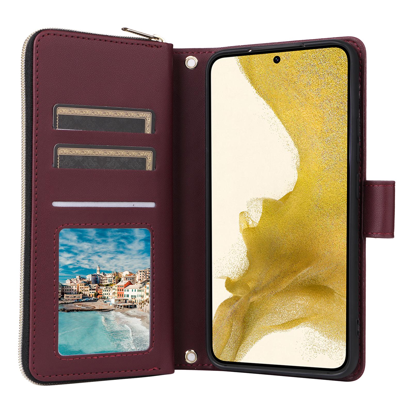 

For Samsung Galaxy S22+ 5G Case Rhombus Zipper Pocket Leather Phone Cover with Straps Wine Red