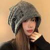 Wool Gray Knitted Pile Hat Women's Season Big Head Circumference Warm Hat Ear Protector Head Cold Hat Showing Small Face