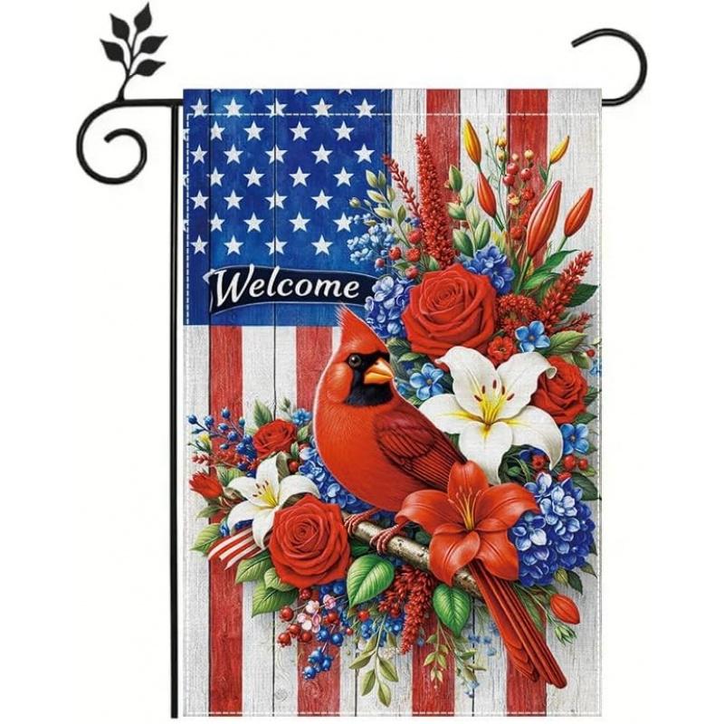 Cardinal Welcome Garden Flag , Patriotic Red Cardinal Bird Garden Flag with Floral Design, Double Sided Outdoor Decorative Yard Flag for Lawn Porch Pa