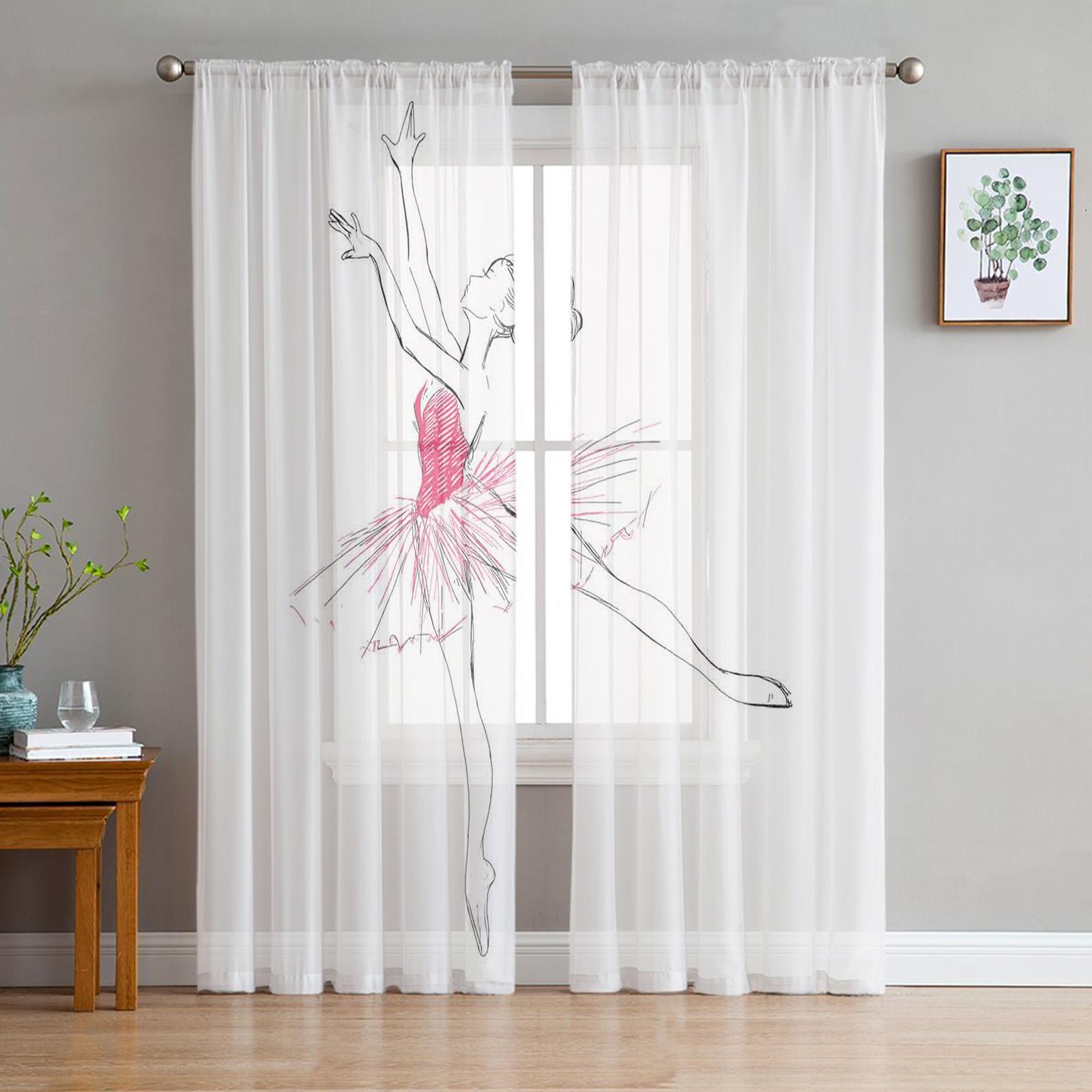 BallettTänzerin Mädchen Rosa Blume Durchscheinende Vorhänge Fensteröffnung Vorhänge ideal für Wohnzimmer Schlafzimmer Heimdekor Kirschblüten Chiffon Vorhang 1 PCS W100XH250cm&Grommet Top