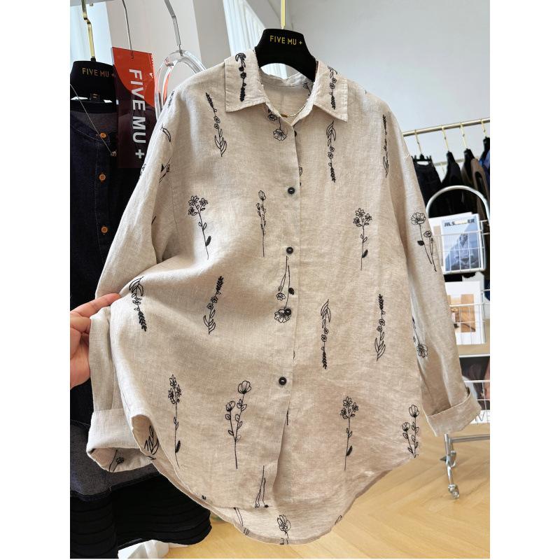 Cotton and Linen Heavy Industry Embroidered Long-sleeved Sunscreen Shirt Women's Spring Thin Loose Temperament Top