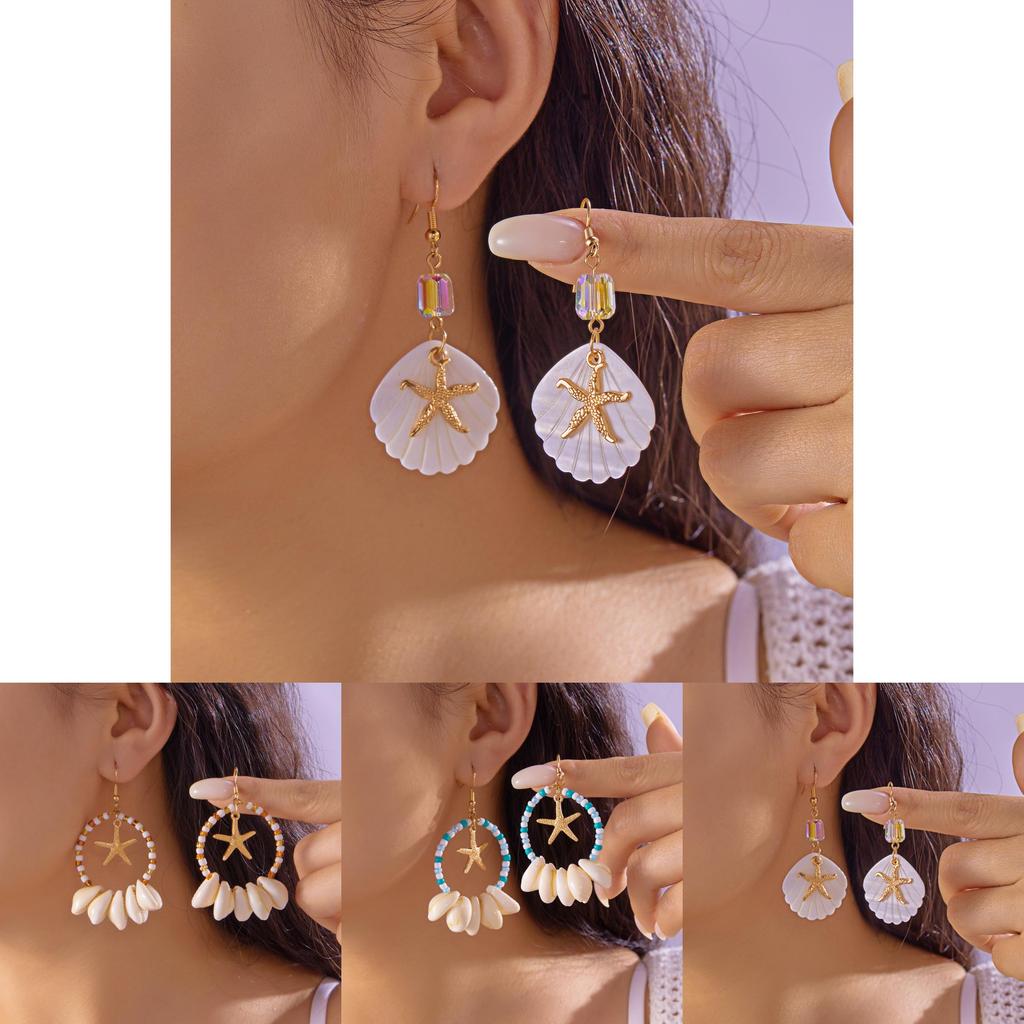Bohemian Shell Earrings With Geometric Starfish Pendant For Women Summer Casual Wear