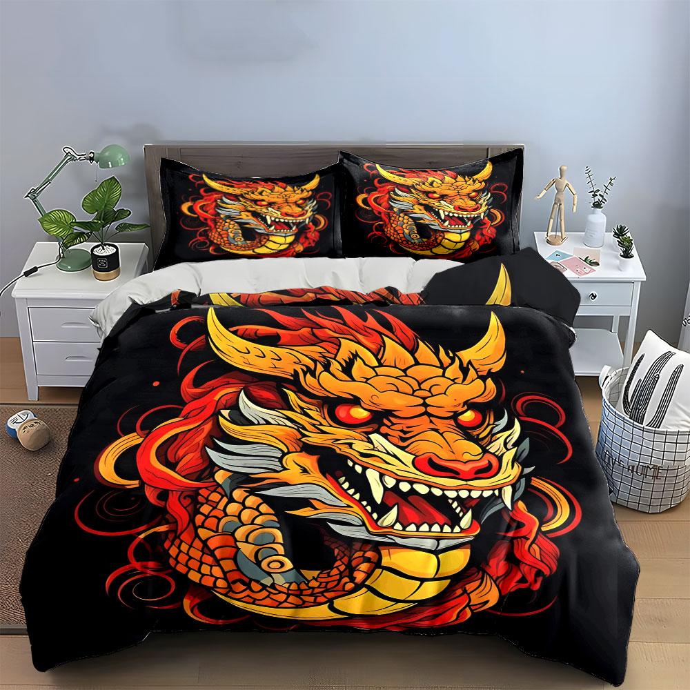 3Pcs Fiery Red Chinese Dragon Head Duvet Cover Set Black Base New Year Lucky Bedding Single Double King Queen Gift