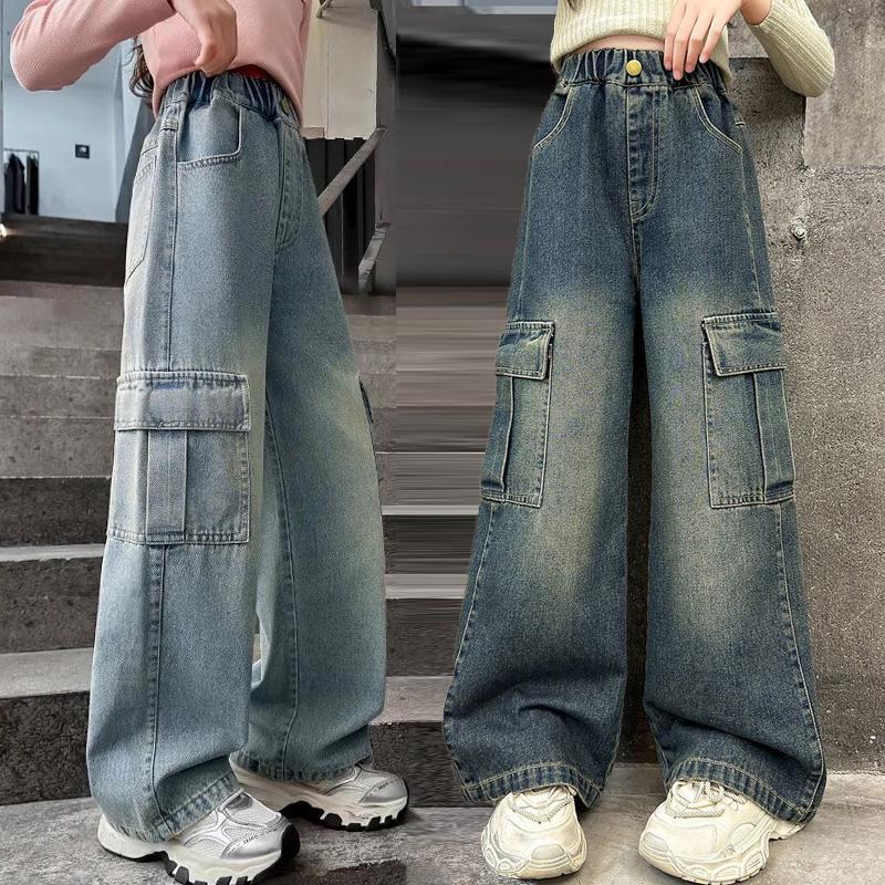 Girls Cargo Jeans Kids Wide-legged Denim Pants Teenagers Fashion Streetwear Loose Trousers Children Casual Clothes 5-12Y