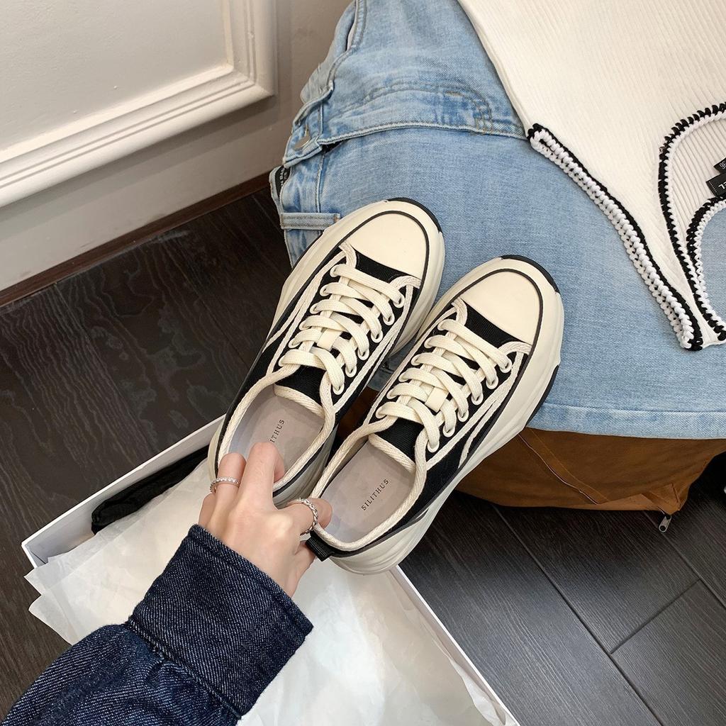 Sommer, Canvas-Schnürschuhe mit dicker Sohle, Damen, neue Low-Top-Flachsohlen-Schuhe, weiß