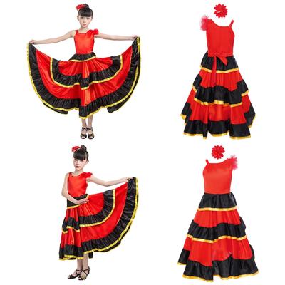 Dívčí taneční šaty Color Block Asymetrické rameno Volánky po vrstvách Široký lem Kostým Flamenco Pokrývka hlavy
