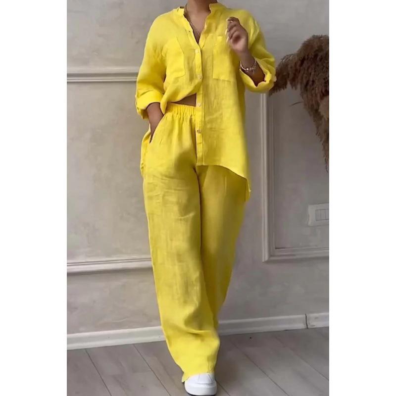 2026 Women's Solid Color Long-Sleeve Shirt & Wide-Leg Pants Set