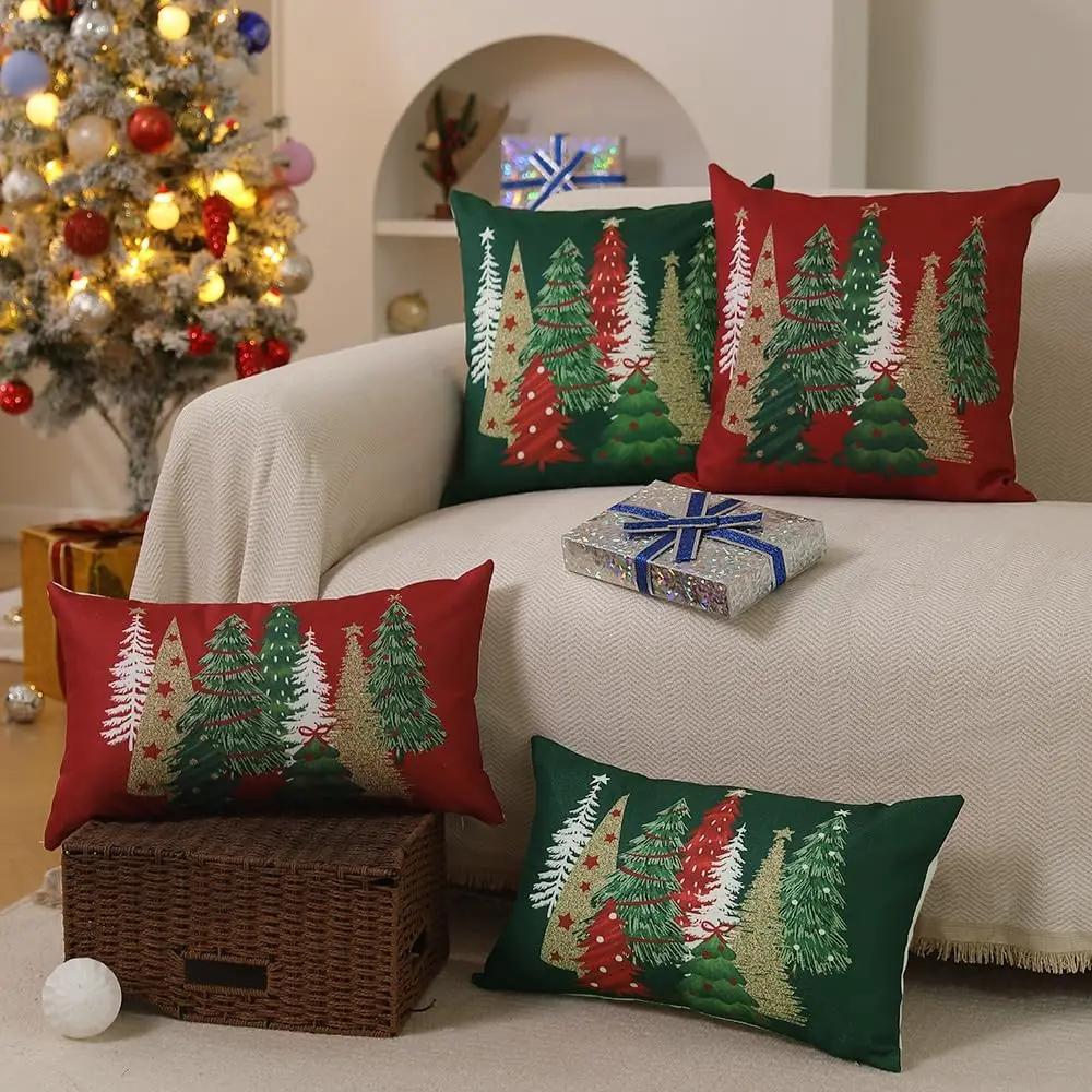 Christmas Pillow Covers 18x18 Inch Christmas Tree Decorative Red Throw Pillows Winter Christmas Decor for Home Couch Sofa Bed