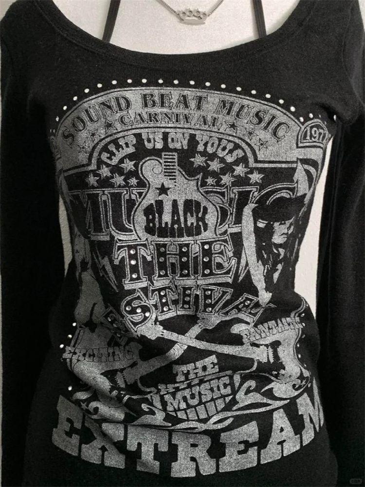 American Retro Print Vintage Long-sleeve T-shirt Women Autumn Design Vintage Base Layer Tops 2000s High Street Y2k Design Causal Clothes