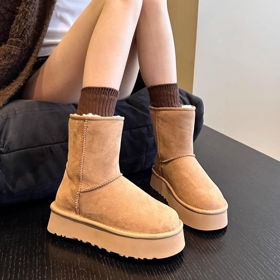 Soft Leather Version~ Northeast Two Wear Thick-soled Flanged Fur Integrated Medium Tube Snow Boots Women's Cotton Boots Piled and Thickened