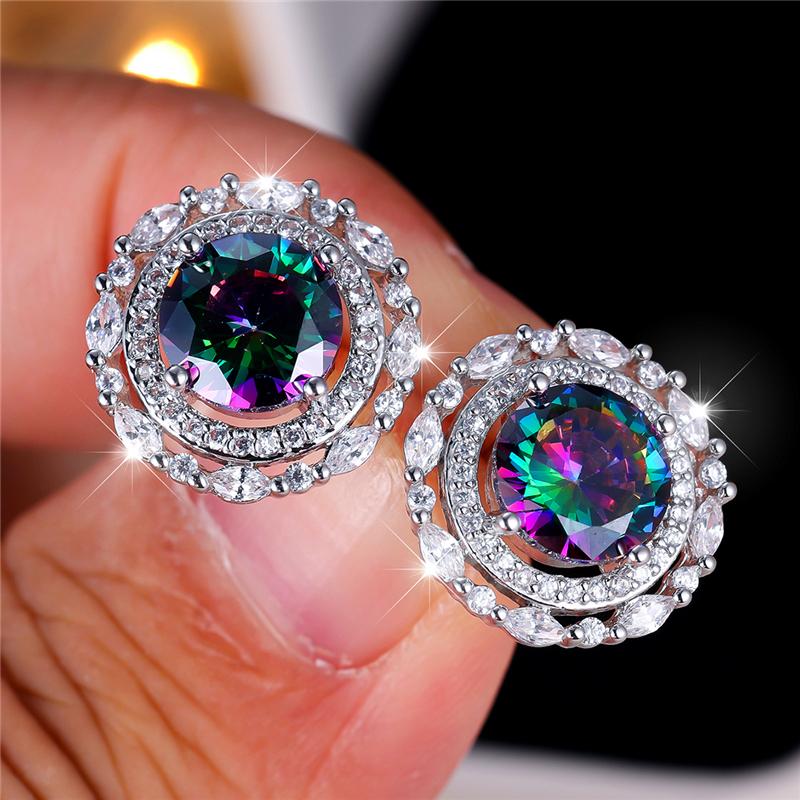 Female Crystal Rainbow Zircon Stone Round Stud Earrings Vintage Silver Color Wedding Fashion Jewelry For Women