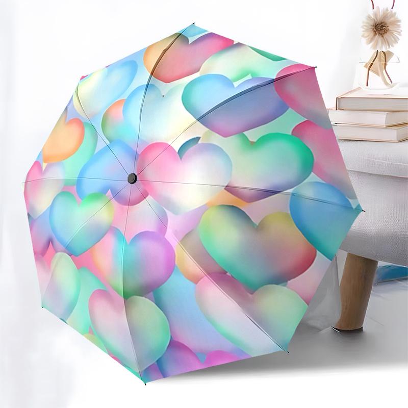 Colorful Heart Pattern Automatic Opening/Closing Umbrella with Foldable Design,Iron Frame Outdoor Rain Gear for Festivals,Travelers,Daily