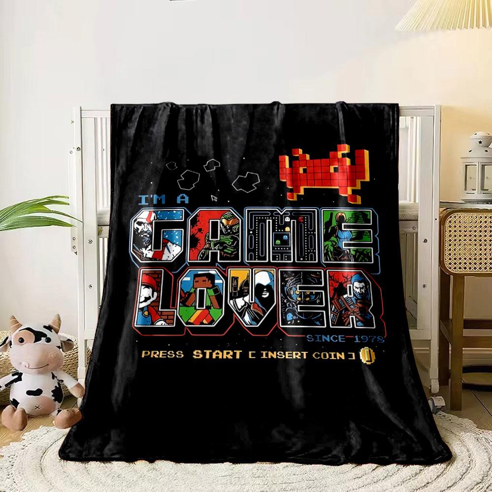 

Stylized text GAME LOVER with gaming characters and retro designs. for all seasons blanket lunch break throw gift 80cm x 120cm
