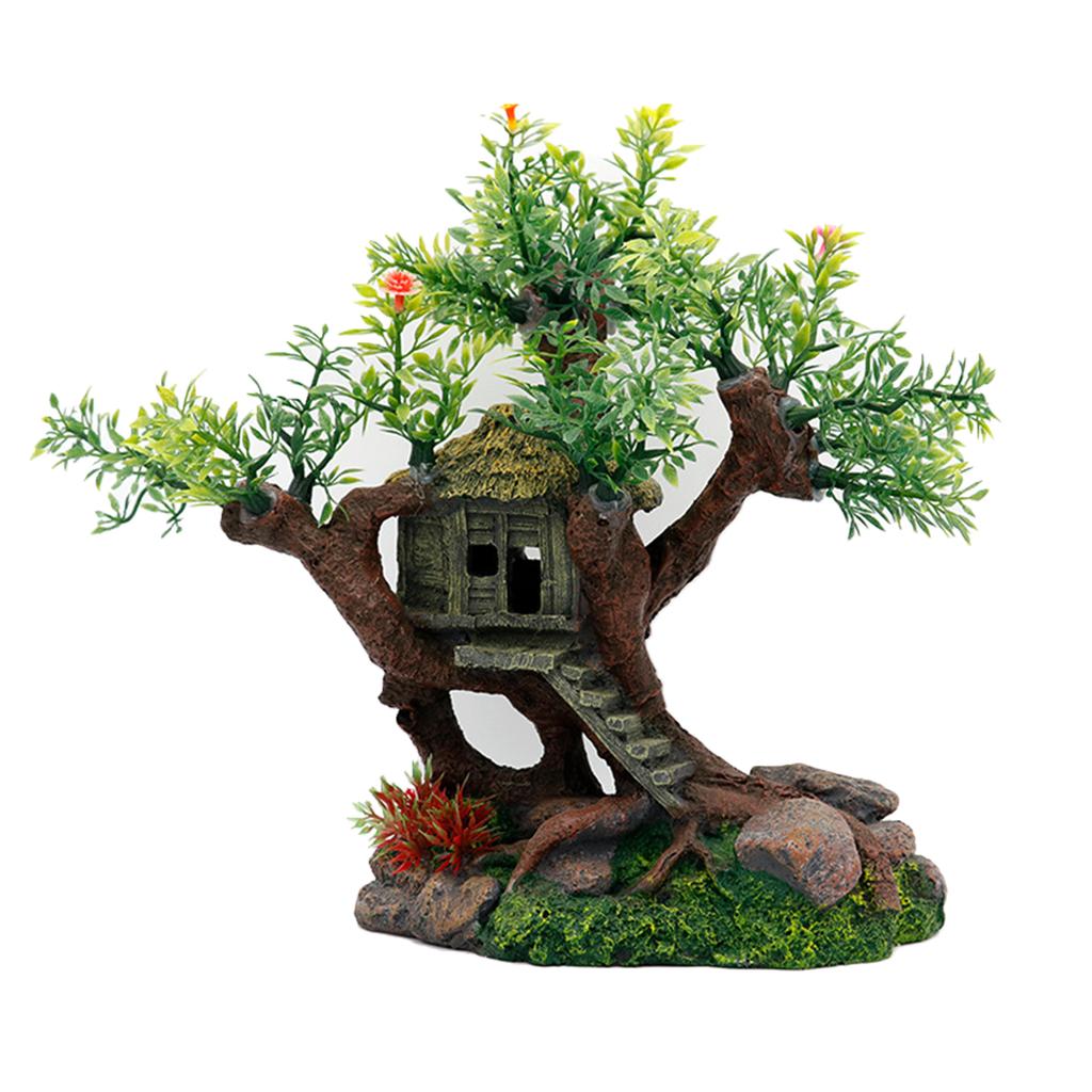 Aquarium Resin Tree House Decoration for Fish for Tank Hideout with Rock Grass