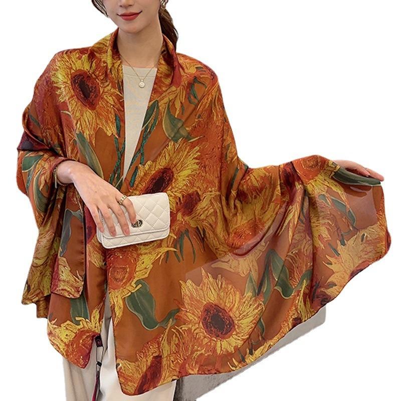 Fashion printed luxury scarf women's new silk scarf long large size travel shawl sun protection
