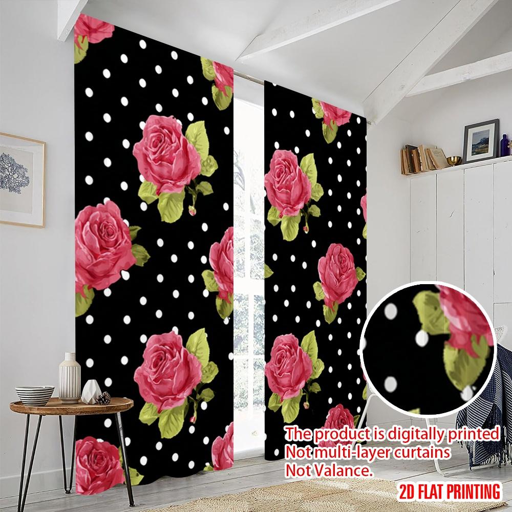 2Pcs,2D Plane Printing Light Filtering Curtains Roses On Polka Dots Versatile Durable Polyester (Without Rod) Holiday Ldeal For