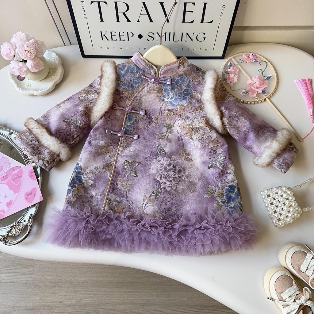 Mädchen Samt Verdickt Winter Tang Anzug Kleid - Neujahrsstil (AWA907)