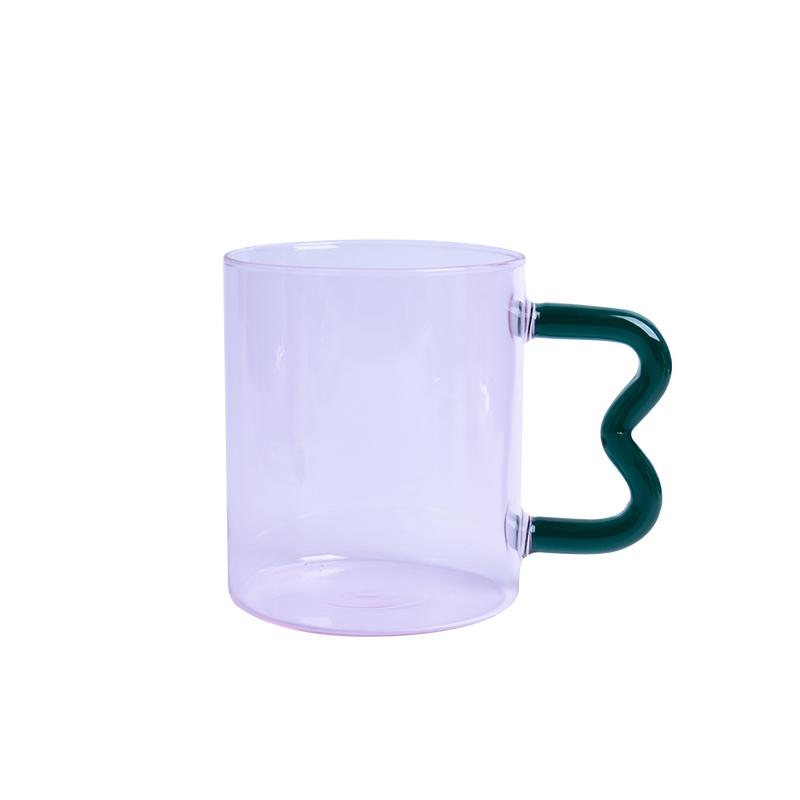 Colored Glass Cup with Wave Handle Coffee Breakfast Cup Large Capacity Milk Cup Microwaveable Cross-border 301-400ml